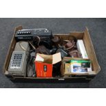 A box of vintage and later cameras, Haminex radio cassette recorder,