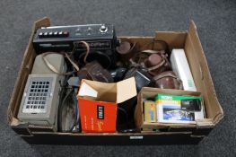 A box of vintage and later cameras, Haminex radio cassette recorder,