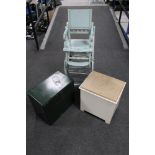 A painted Edwardian adjustable child's high chair together with a bathroom storage stool and a