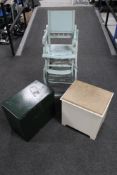 A painted Edwardian adjustable child's high chair together with a bathroom storage stool and a