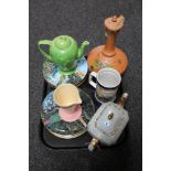 A tray of terracotta hand painted lidded vase, Sadler teapot, Wadeheath Art Deco jug,