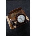 A tray of Edwardian mahogany letter rack, wooden storage drawer, contemporary mantel clock,