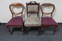 A pair of Victorian balloon back chairs and an Edwardian dining chair