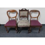A pair of Victorian balloon back chairs and an Edwardian dining chair