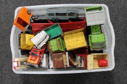 A box of mid century die cast and tin plated vehicles, Tonka Trucks, Corgi horse box,