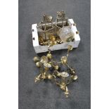 A box of assorted brass ceiling and wall lights, pendant light,