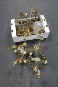 A box of assorted brass ceiling and wall lights, pendant light,