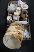 Three boxes containing miscellaneous china - soup set, figures, vases,