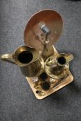 A tray of Art Nouveau brass jug, brass trivets, pair of Chinese censers, brass ornaments,