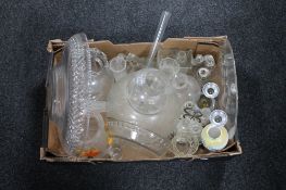 A box of glass ware, lead crystal shallow bowl, antique cruet sets, glass wine pourer,