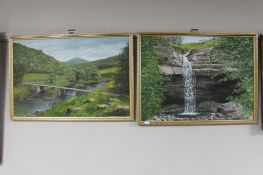 Two gilt framed oils on canvas depicting a waterfall and a bridge by C.