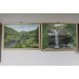 Two gilt framed oils on canvas depicting a waterfall and a bridge by C.