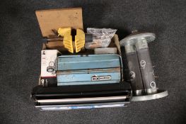 A box of B&Q air compressor, metal concertina tool box, cabinet handles, vice,