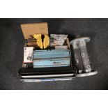 A box of B&Q air compressor, metal concertina tool box, cabinet handles, vice,