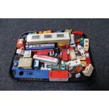 A tray of mid century and later die cast cars and busses, Corgi,