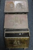 Two antique brass slipper boxes and magazine rack depicting galleons