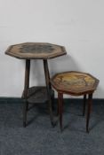An antique octagonal carved two tier occasional table together with a further antique table with