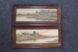 A pair of antique framed watercolours - River scenes with dwellings beyond by Clifford