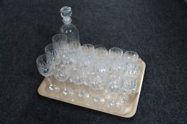 A tray of glass ware, etched glass decanter, five matching tumblers,
