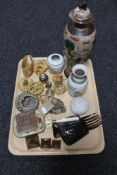 A tray of oriental wares, Chinese crackle glaze vase, seated figure,