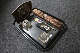 A tray of mid 20th century mantel clock, Freemasons medals,