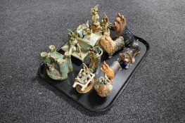 A tray of seven assorted Yare Design pottery dragon ornaments,