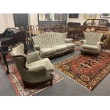 A continental walnut framed salon suite : three seater settee (182 cm wide) and two chairs