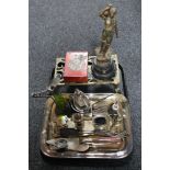 A tray of antique metal items, Art Nouveau pewter green glass ewer (a/f), spelter figure,