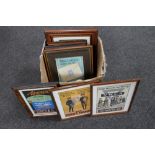 A box of ten framed World War II propaganda and advertising