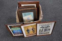 A box of ten framed World War II propaganda and advertising