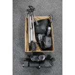 A box of 60 x 60 spotting scope on stand, three sets of binoculars,