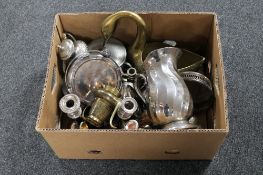 A box containing early 20th century and later plated wares, candlesticks, jug, tea ware,