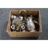 A box containing early 20th century and later plated wares, candlesticks, jug, tea ware,