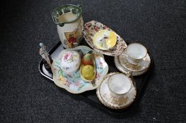 A tray of two Royal Albert Golden Glory china trios, Maling chintz dish, Royal Doulton huntsman jug,
