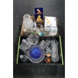 Two boxes of assorted glass ware - table lamp, candle holders, vases,