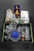 Two boxes of assorted glass ware - table lamp, candle holders, vases,