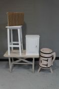 A painted pot cupboard in the form of a flagon, painted bench, kitchen stool,