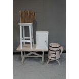 A painted pot cupboard in the form of a flagon, painted bench, kitchen stool,