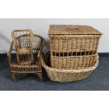 A 20th century wicker log basket together with a wicker pigeon basket,