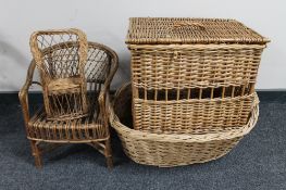 A 20th century wicker log basket together with a wicker pigeon basket,