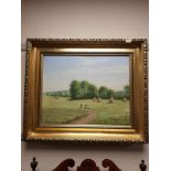 Continental School : figures in farm landscape, oil on canvas, framed,