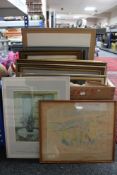 A box of quantity of framed continental school pictures and prints