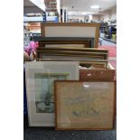 A box of quantity of framed continental school pictures and prints