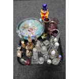 A tray of glass, perfume bottles, glass animals, Murano glass clown,