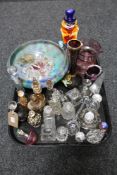 A tray of glass, perfume bottles, glass animals, Murano glass clown,