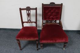An Edwardian mahogany lady's chair and a matching dining chair