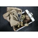 A box of brass and copper, coal bucket, candlestick, kettles,