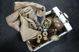 A box of brass and copper, coal bucket, candlestick, kettles,