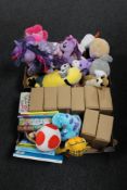 Two boxes of children's soft toys including Garfield,