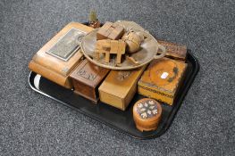 A tray of assorted wooden trinket and cigarette boxes, Italian musical trinket box,